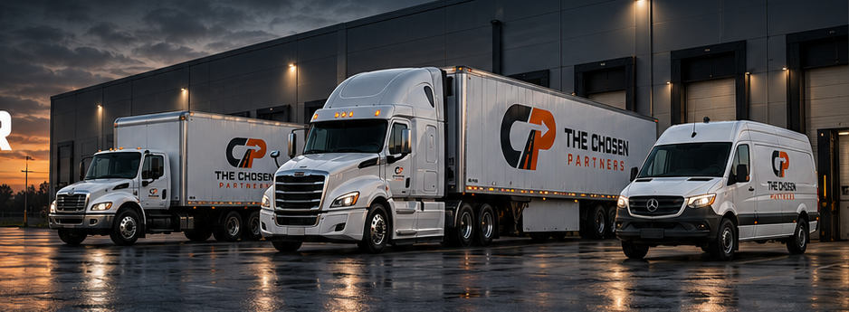 Illustrative brand concept showing trucks and a van outside a warehouse